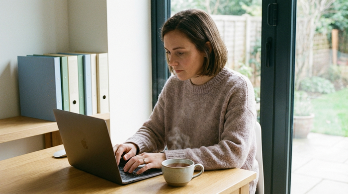 Eine konzentrierte Frau sitzt an einem aufgeräumten Schreibtisch mit einer Tasse Tee. Sie tippt auf einem modernen Laptop. Neben dem Laptop liegen ordentlich sortierte Ordner in sanften Farben. Fokussierte, ruhige Stimmung.