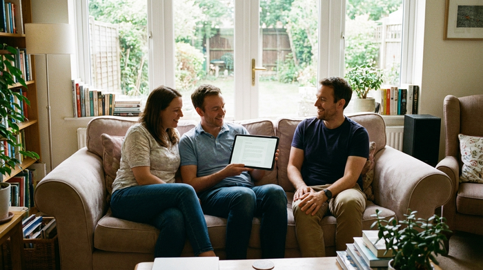 Drei erwachsene Geschwister sitzen entspannt auf einem Sofa in einem hellen Wohnzimmer und besprechen sich harmonisch. Einer hält ein Tablet, alle wirken erleichtert und zufrieden.