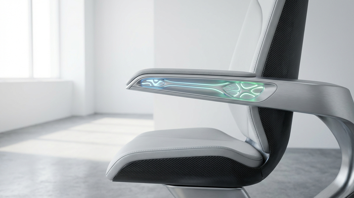 Nahaufnahme eines modernen Treppenlift-Sitzes mit dezent leuchtenden, futuristischen Sensorelementen an der Armlehne. Helle, saubere Umgebung, hochwertiges Material, fotorealistisch und ohne Schriften.