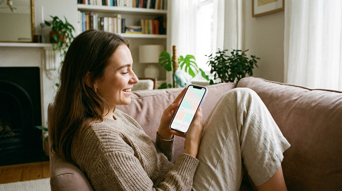 Eine junge Frau sitzt entspannt auf einem gemütlichen Sofa und blickt lächelnd auf ihr Smartphone. Auf dem Bildschirm ist ein helles, aufgeräumtes Layout in sanften Farben zu erahnen. Gemütliches Wohnzimmer im Hintergrund.