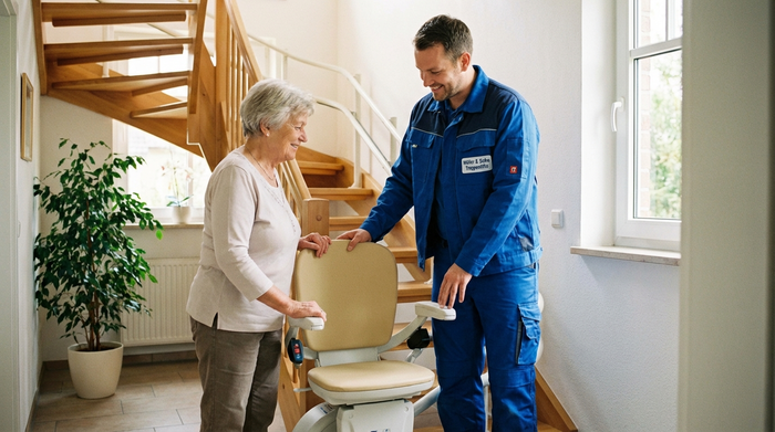 Ein freundlicher Handwerker in sauberer Arbeitskleidung zeigt einer älteren Dame die Funktionen eines neuen Treppenlifts. Beide stehen im hellen Flur eines Einfamilienhauses und lächeln. Vertrauensvolle, professionelle Atmosphäre.