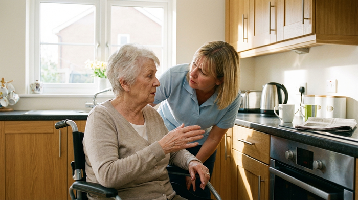 Eine besorgte ältere Frau im Rollstuhl gestikuliert leicht, während eine Pflegekraft bemüht versucht, sie zu verstehen. Helle, saubere Küche im Hintergrund. Realistische Alltagssituation ohne Text.