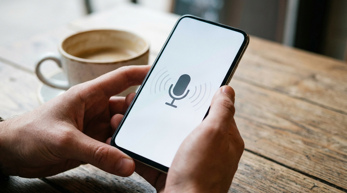 Nahaufnahme von zwei Händen, die ein modernes Smartphone halten. Auf dem Display ist eine intuitive, textfreie Oberfläche mit einem deutlichen Mikrofon-Symbol zu sehen. Im Hintergrund unscharf eine Kaffeetasse auf einem Holztisch.