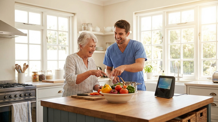 Eine Pflegekraft und ein Senior kochen gemeinsam in einer hellen Küche. Sie lachen und deuten auf frisches Gemüse. Auf der Küchenzeile steht ein moderner Smart Speaker. Warme und positive Stimmung.