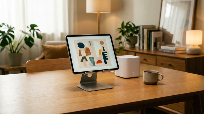 Ein Tablet auf einem stabilen Ständer auf einem aufgeräumten Esstisch, daneben ein Router und eine Kaffeetasse. Gemütliches Wohnumfeld. Fokus auf die technische Einrichtung ohne sichtbaren Text.