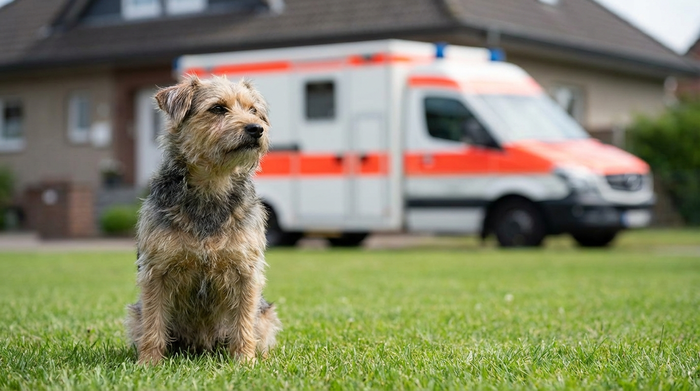 Ein geparkter Rettungswagen steht unscharf im Hintergrund vor einem Wohnhaus, im scharfen Vordergrund sitzt ein kleiner Mischlingshund auf dem grünen Rasen und schaut aufmerksam. Realistische, klare Umgebung ohne Text.