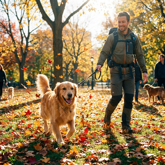 Ein fröhlicher Hund läuft an der Leine neben einem professionellen Dogwalker durch einen grünen, herbstlichen Park. Dynamische, sonnige Szene ohne Schriftzüge.