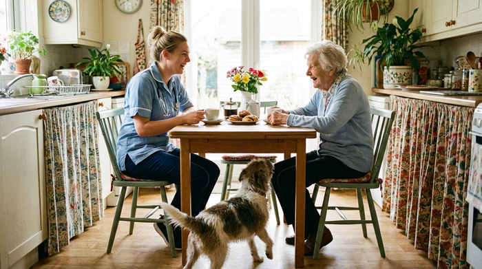 Eine freundliche junge Pflegekraft und eine ältere Dame sitzen gemeinsam am Küchentisch und lachen, während ein kleiner Hund freudig um ihre Beine schwänzelt. Helle, freundliche Wohnatmosphäre.