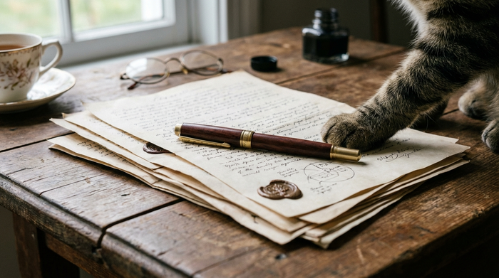 Ein eleganter Füllfederhalter liegt auf einem Stapel wichtiger Dokumente auf einem rustikalen Holztisch, daneben ruht eine weiche Katzenpfote sanft auf dem Papier. Keine lesbaren Texte, symbolische Darstellung.