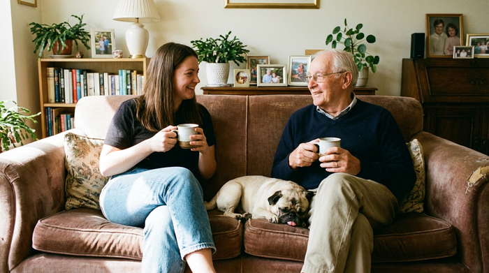 Eine erwachsene Tochter und ihr älterer Vater sitzen bei einer Tasse Kaffee auf dem Sofa und unterhalten sich vertraut, ein kleiner Mops liegt friedlich schlafend zwischen ihnen.