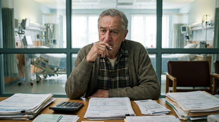 Ein besorgter älterer Mann sitzt am Schreibtisch vor einem Stapel Papiere und hält nachdenklich einen Stift in der Hand. Im Hintergrund ist unscharf ein helles Krankenhauszimmer zu erahnen.