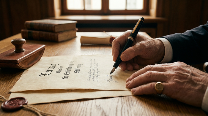 Eine detaillierte Nahaufnahme einer Hand, die mit einem eleganten Füllfederhalter ein wichtiges Dokument unterschreibt. Warmes Licht, edles Papier, seriöse und professionelle Stimmung.