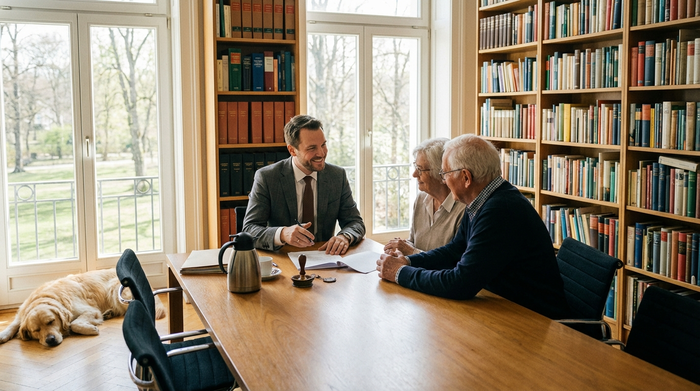 Ein freundlicher Notar im Anzug sitzt an einem großen Konferenztisch aus Holz und berät ein älteres Paar. Helles Büro mit großen Fenstern und Bücherregalen, vertrauensvolle Atmosphäre.