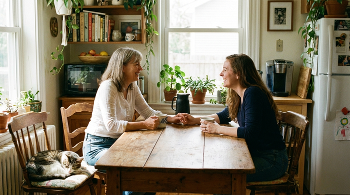 Zwei Frauen, Mutter und erwachsene Tochter, sitzen bei einer Tasse Kaffee am Küchentisch und unterhalten sich vertrauensvoll. Entspannte, familiäre und sehr harmonische Atmosphäre im heimischen Umfeld.