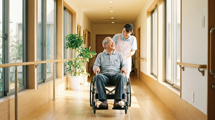 Ein älterer Mann im Rollstuhl wird von einer freundlichen Pflegekraft durch einen hellen, barrierefreien Flur geschoben. Beide lächeln sich an, positive, fürsorgliche und sichere Stimmung.