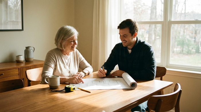 Eine ältere Dame und ein jüngerer Mann sitzen an einem aufgeräumten Esstisch und besprechen einen Grundriss. Eine Tasse Kaffee und ein Maßband liegen auf dem Tisch. Helles Tageslicht und eine entspannte Atmosphäre.