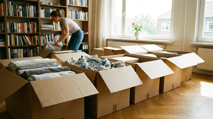 Vier ordentlich aufgereihte, offene Umzugskartons in einem gut beleuchteten Raum. In einem Karton liegen ordentlich gefaltete Textilien, in einem anderen schönes Porzellan. Im Hintergrund sortiert eine Person unscharf weitere Gegenstände ein.
