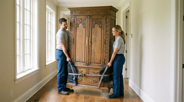 Zwei professionelle Möbelpacker in sauberer, neutraler Arbeitskleidung tragen vorsichtig einen massiven antiken Holzschrank durch einen hellen Flur. Realistische Szene, freundliches und respektvolles Auftreten der Helfer.
