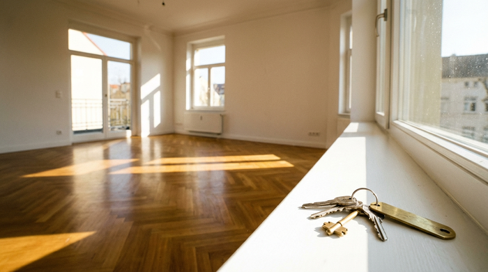 Eine leere, besenreine und sonnendurchflutete Wohnung mit einem sehr sauberen Parkettboden. Ein einzelner Schlüsselbund liegt im Vordergrund auf einer weißen Fensterbank. Friedliche, saubere und abschließende Stimmung.