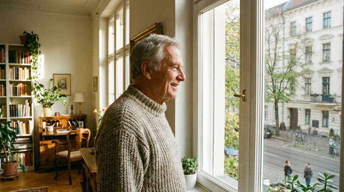 Ein älterer Herr mit grauem Haar steht entspannt an einem Fenster einer stilvollen Altbauwohnung und blickt zufrieden nach draußen auf eine von Bäumen gesäumte Straße. Er trägt einen gemütlichen Strickpullover. Helles, natürliches Licht, friedliche Stimmung im eigenen Zuhause.