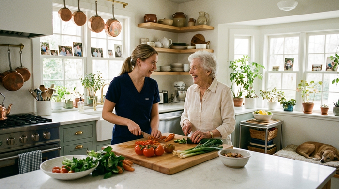 Eine junge Betreuerin und eine Seniorin kochen gemeinsam in einer sauberen, gut ausgestatteten Küche. Beide lachen und schneiden frisches Gemüse auf einem Holzbrett. Familiäre, herzliche Atmosphäre, helle Beleuchtung.