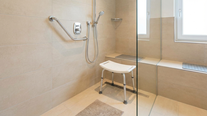 Eine moderne, barrierefreie, ebenerdige Dusche in einem hell gefliesten Badezimmer. An der Wand ist ein stabiler, metallener Haltegriff angebracht. Ein kleiner ergonomischer Duschhocker steht sicher in der Ecke. Sauberes, sicheres Umfeld für Senioren.