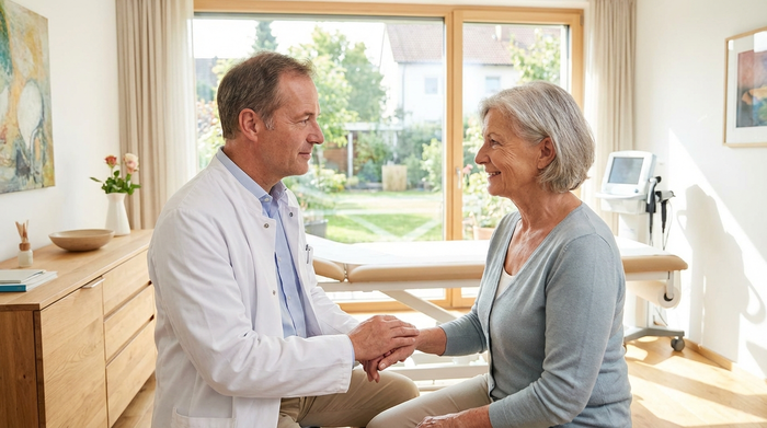 Eine ärztliche Beratungssituation: Eine einfühlsame Ärztin im weißen Kittel spricht ruhig mit einer älteren Patientin in einem hellen, modernen Behandlungszimmer.
