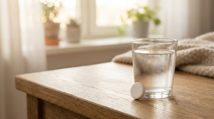 Ein Glas Wasser und eine intakte, weiße Tablette auf einem sauberen Holztisch im sanften Morgenlicht, bereit zur sicheren Einnahme.