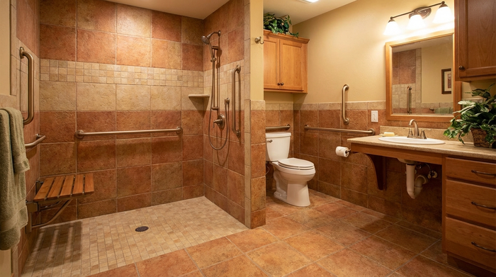 Ein sicheres und barrierefreies Badezimmer für Senioren mit einer bodengleichen Dusche, stabilen Haltegriffen an der Wand und rutschfesten Fliesen in warmen Erdtönen.