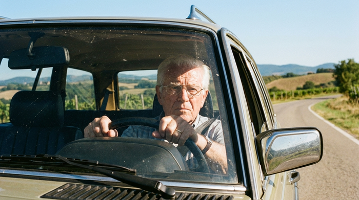 Ein älterer Mann sitzt konzentriert am Steuer seines Autos an einem sonnigen Tag, der Blick ist sicher und aufmerksam auf die Straße gerichtet.