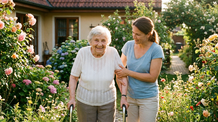Eine engagierte Pflegekraft unterstützt eine lächelnde Seniorin beim Gehen im eigenen Garten, umgeben von blühenden Blumen an einem warmen, sonnigen Nachmittag.