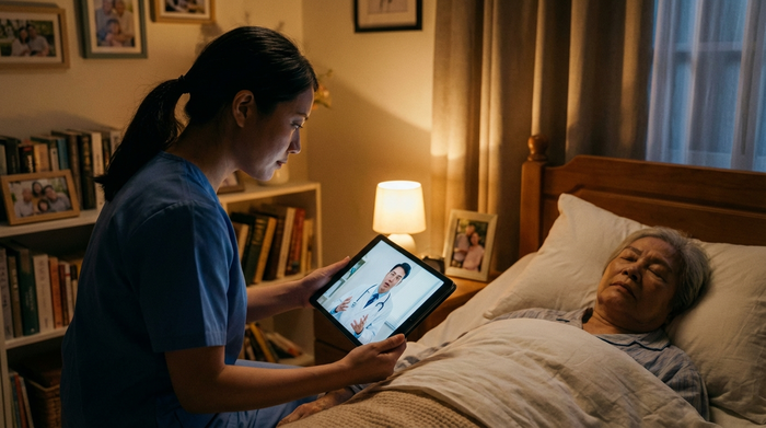 Eine professionelle Pflegekraft in Dienstkleidung sitzt nachts neben einem Pflegebett in einem gemütlichen Zuhause und blickt aufmerksam auf ein Tablet, das eine Videoverbindung zu einem Arzt zeigt. Sanftes Nachtlicht, konzentrierte Atmosphäre ohne sichtbare Texte.