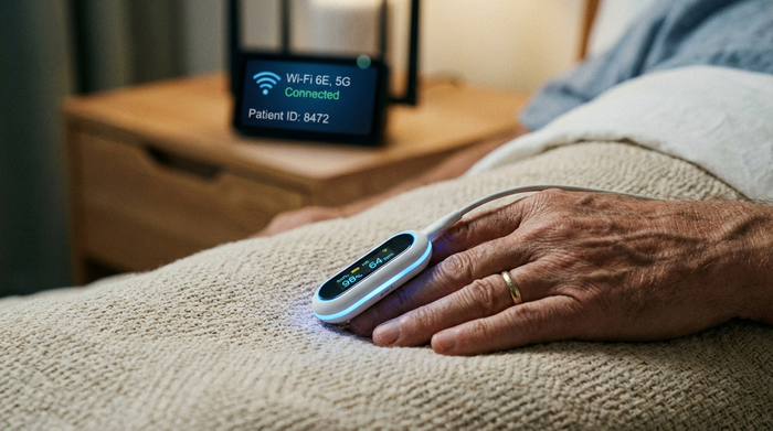 Nahaufnahme eines modernen medizinischen Sensors, der sanft am Finger eines ruhenden Patienten angebracht ist. Im unscharfen Hintergrund erkennt man ein leuchtendes Display eines Routers auf einem Nachttisch.