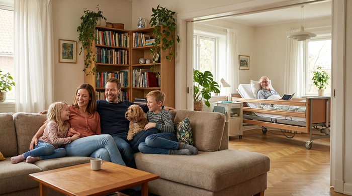 Eine lächelnde Familie sitzt entspannt im Wohnzimmer, während im angrenzenden, offenen Raum der Großvater sicher in seinem Pflegebett liegt. Die Stimmung ist erleichtert, harmonisch und wohnlich.