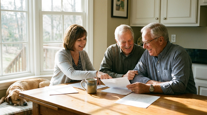 Ein älteres Ehepaar sitzt am Küchentisch und bespricht entspannt Dokumente mit einer freundlichen Beraterin. Eine Tasse Kaffee steht auf dem Tisch, helles Tageslicht fällt durch das Fenster.