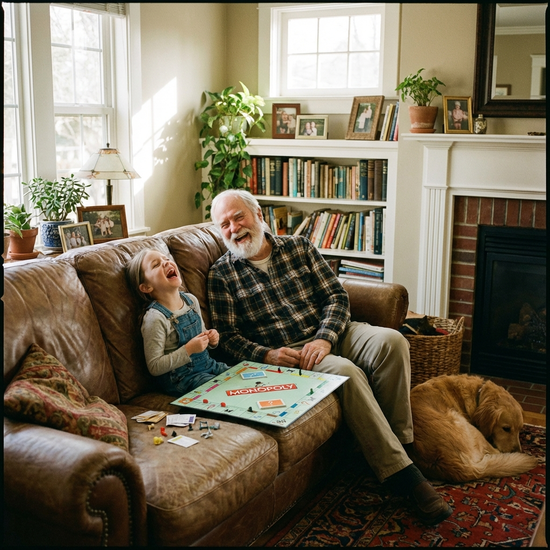 Ein fröhlicher Großvater und seine Enkelin lachen herzhaft zusammen auf einem bequemen Sofa. Sie haben sichtlich Spaß bei einer gemeinsamen Aktivität im gemütlichen Wohnzimmer.