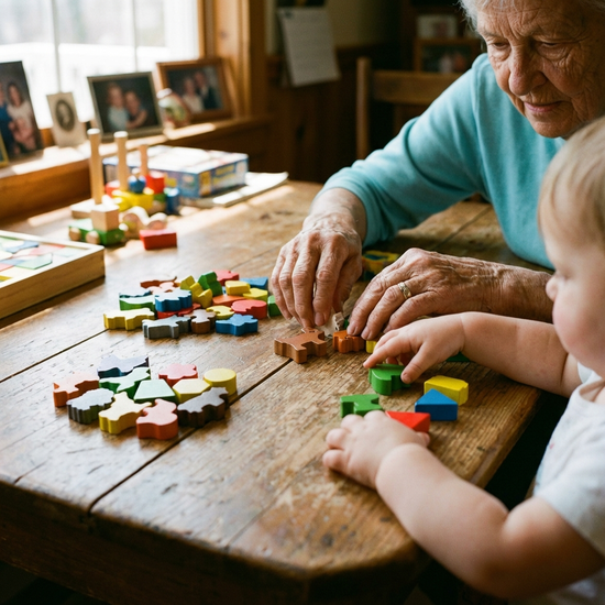 Ein detaillierter Blick auf die Hände einer älteren Person und eines Kindes, die gemeinsam bunte Holzspielsteine auf einem Tisch sortieren.