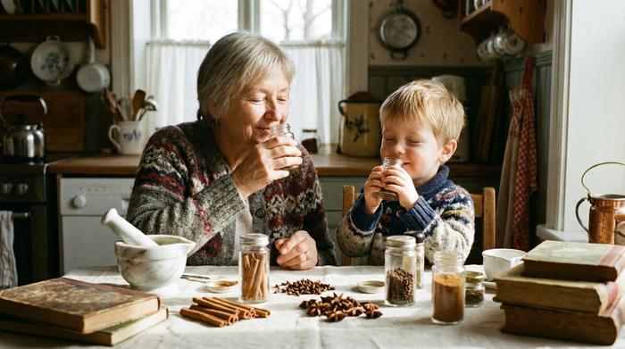 Eine ältere Dame und ein kleiner Junge riechen mit geschlossenen Augen und einem Lächeln an kleinen, mit Gewürzen gefüllten Gläschen am Küchentisch.
