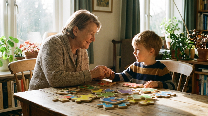 Eine sanfte, beruhigende Szene: Eine ältere Frau hält liebevoll die Hand ihres Enkels. Auf dem Tisch liegen große, farbenfrohe Puzzleteile aus Holz.