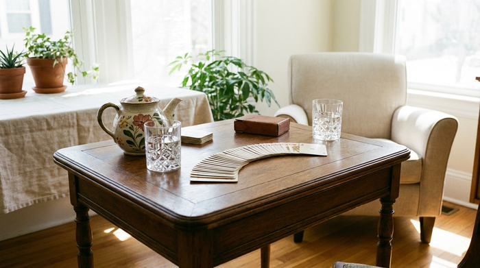 Ein aufgeräumter Spieltisch mit einer eleganten Teekanne, zwei Gläsern Wasser und einem ordentlich bereitgelegten Kartenspiel im hellen Tageslicht.