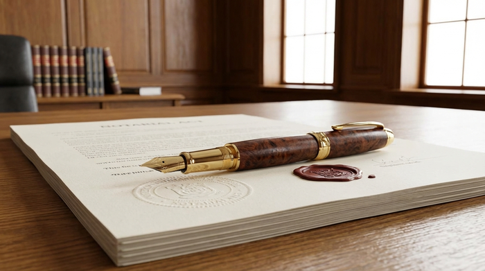 Ein eleganter Füllfederhalter liegt auf einem dicken, gestempelten Papierdokument auf einem massiven Holztisch in einem hellen, professionellen Notariat.