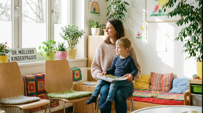Eine Mutter sitzt mit ihrem jungen Sohn in einem hellen, freundlichen Wartezimmer, beide schauen ruhig und entspannt.