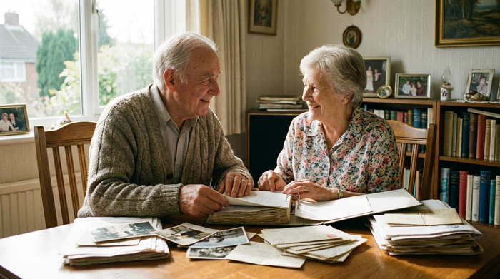 Ein älteres Ehepaar sitzt gemeinsam am Esstisch, sortiert ordentlich Dokumente in einen großen Aktenordner und lächelt sich beruhigt zu.