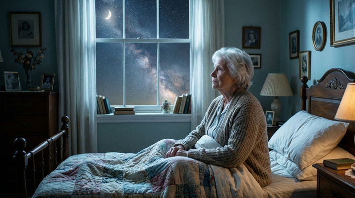 Eine ältere Dame sitzt nachts wach im Bett, schaut nachdenklich aus dem Fenster in den Sternenhimmel, sanftes Mondlicht erhellt das Zimmer.