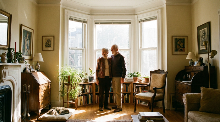 Ein sonnendurchflutetes Wohnzimmer, in dem ein vitales älteres Paar am Fenster steht und das helle Tageslicht genießt.