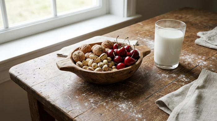 Eine kleine Holzschale mit Walnüssen, Pistazien und frischen Kirschen auf einem rustikalen Küchentisch, daneben ein Glas Milch.