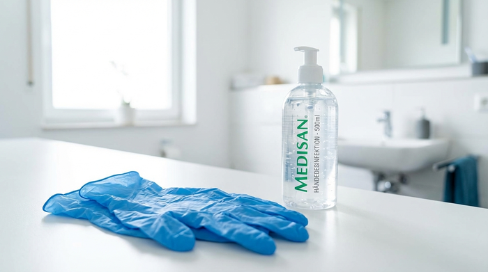 Nahaufnahme von sauberen, blauen Nitril-Einmalhandschuhen und einer transparenten Flasche mit medizinischem Händedesinfektionsmittel auf einer hellen, sterilen Ablagefläche. Im Hintergrund unscharf ein aufgeräumtes, helles Badezimmer.