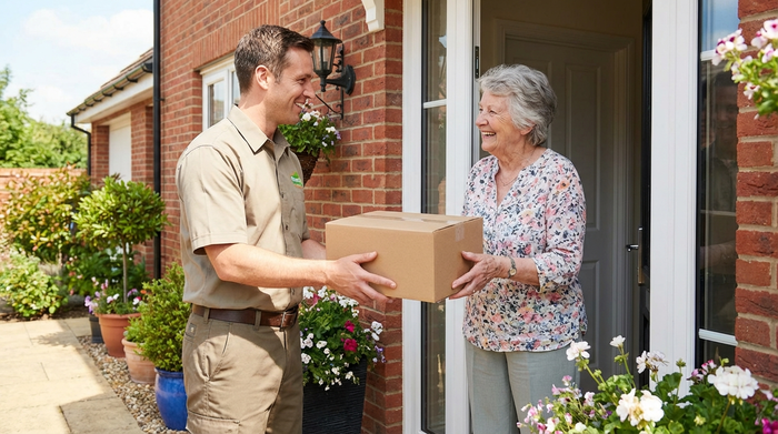 Ein freundlicher Paketbote in sauberer Arbeitskleidung überreicht einer lächelnden Seniorin an der Haustür ein ordentliches, neutrales Kartonpaket. Sonniges Wetter, gepflegter Eingangsbereich eines Wohnhauses.