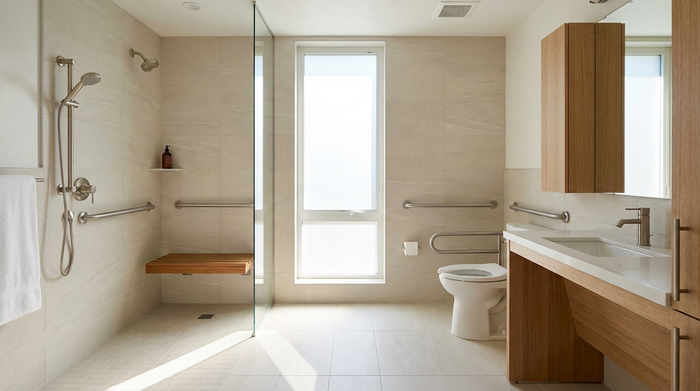 Ein modern eingerichtetes, barrierefreies Badezimmer mit einer bodengleichen Dusche, hellen Fliesen und dezenten, sicheren Haltegriffen an den Wänden. Viel Tageslicht, saubere und sichere Umgebung für Senioren.