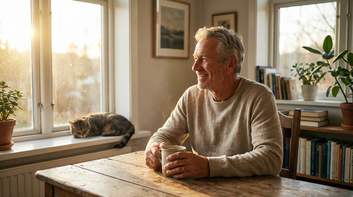 Ein fitter, lächelnder älterer Herr sitzt morgens entspannt mit einer Tasse Tee an einem hellen Holztisch, sonnendurchfluteter Raum, friedliche Stimmung.